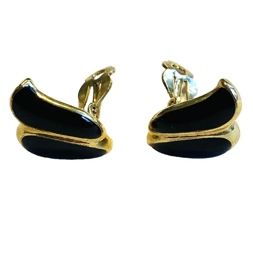 Vintage 1980’s Clip On Earrings Gold & Black Enamel Conservative Boss Lady